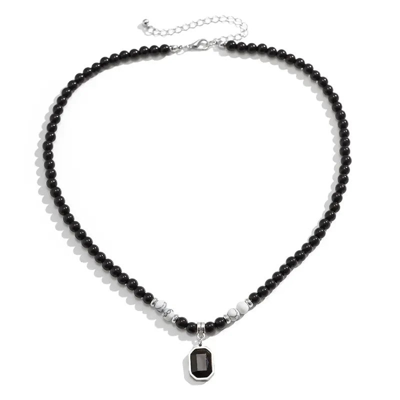 Boho Black Beaded Octagon Stone Necklace