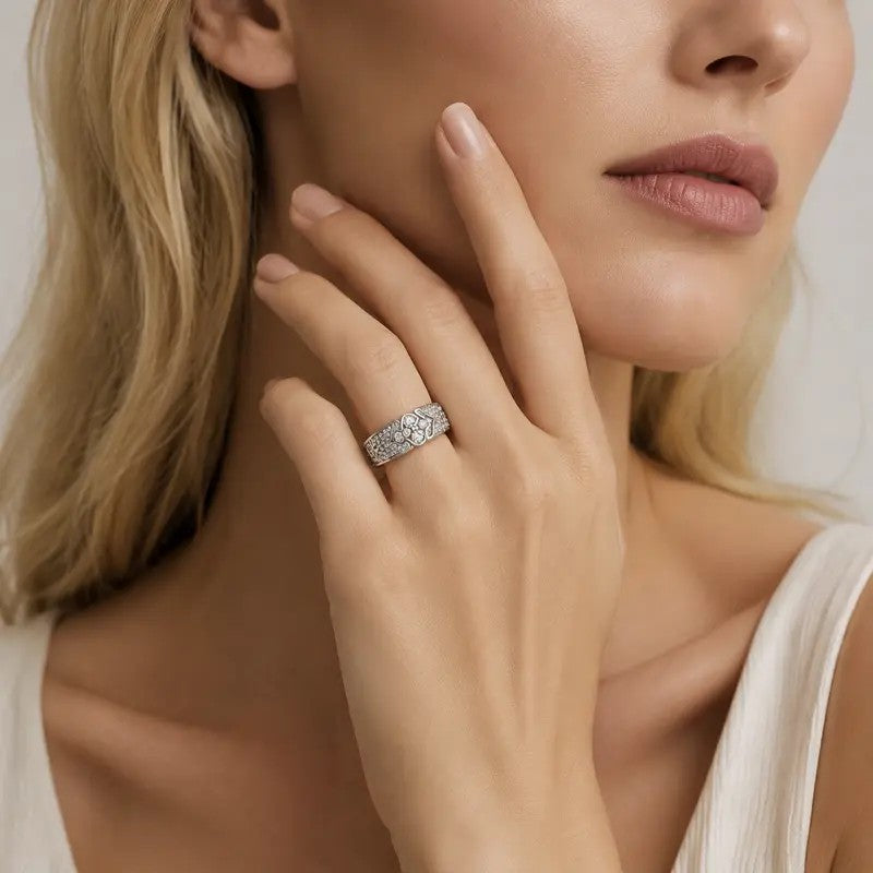 S925 Elegant Floral Pave Band Ring