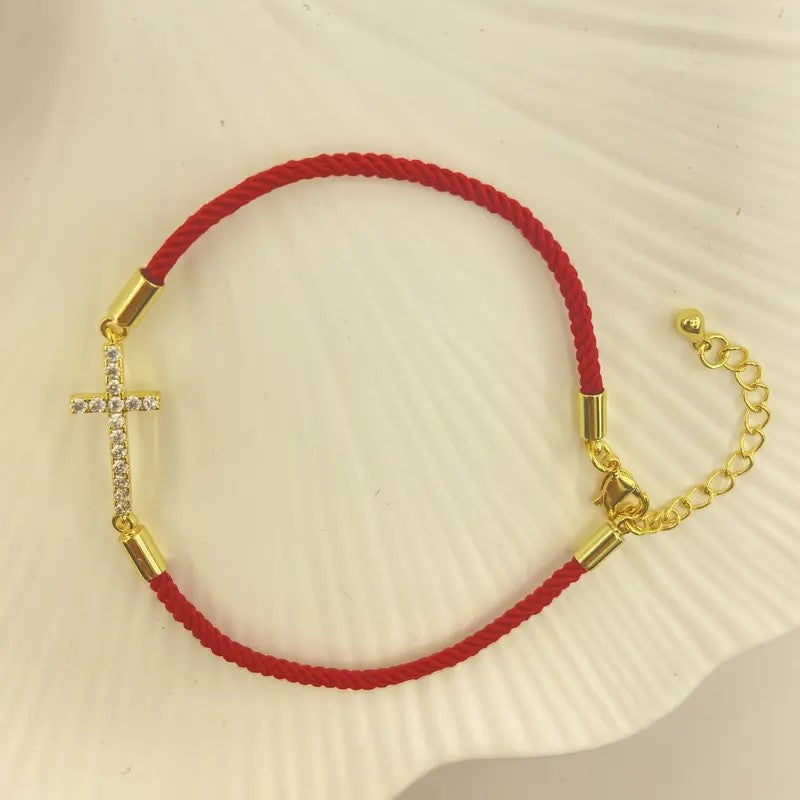 Dainty Red Rope Cross Bracelet
