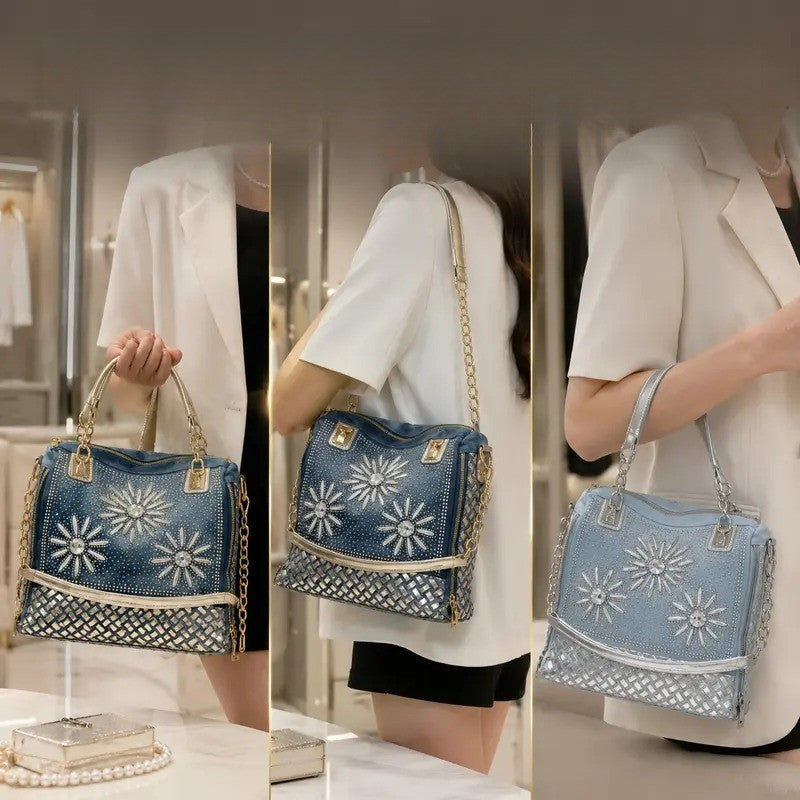 Classy Rhinestone Denim Satchel