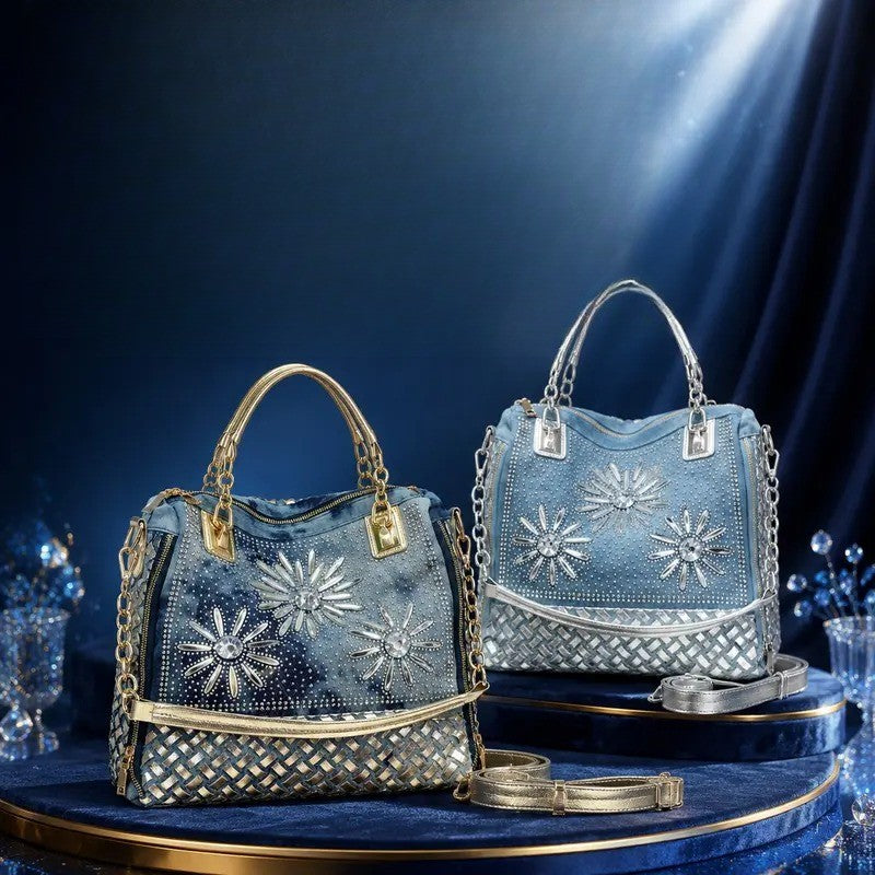 Classy Rhinestone Denim Satchel