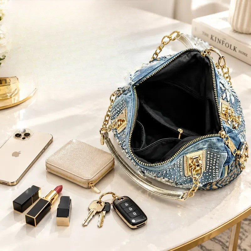 Classy Rhinestone Denim Satchel