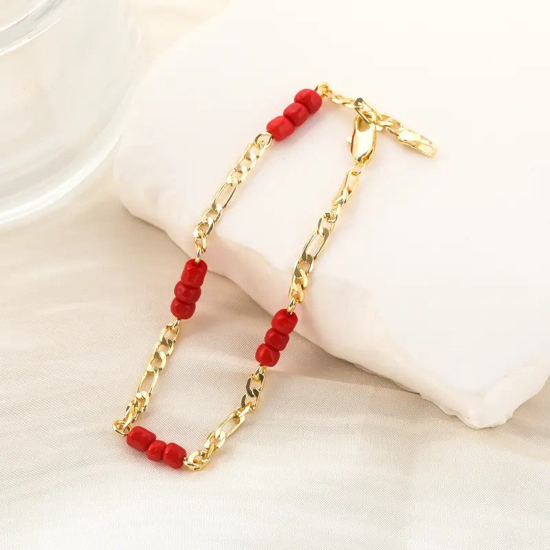 14k Dainty Red Bead Link Bracelet