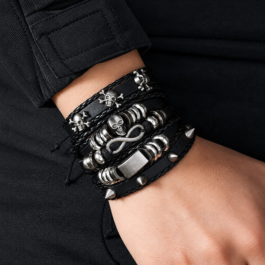 Edgy Punk Skull & Infinity Leather Bracelet Stack