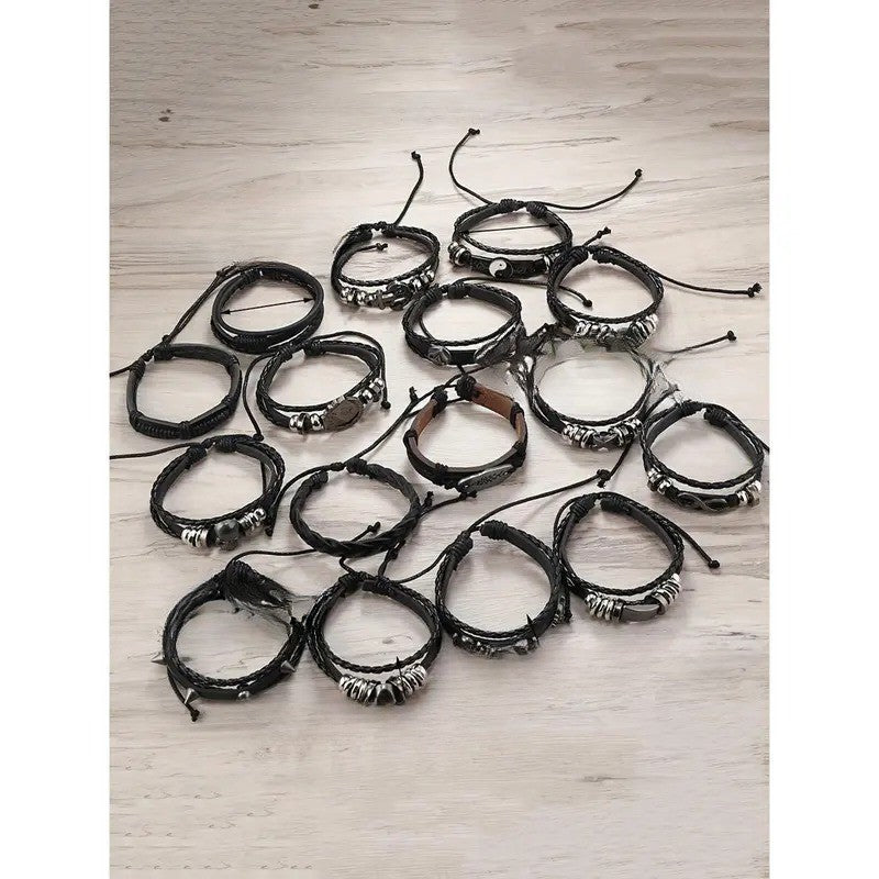 Edgy Punk Skull & Infinity Leather Bracelet Stack