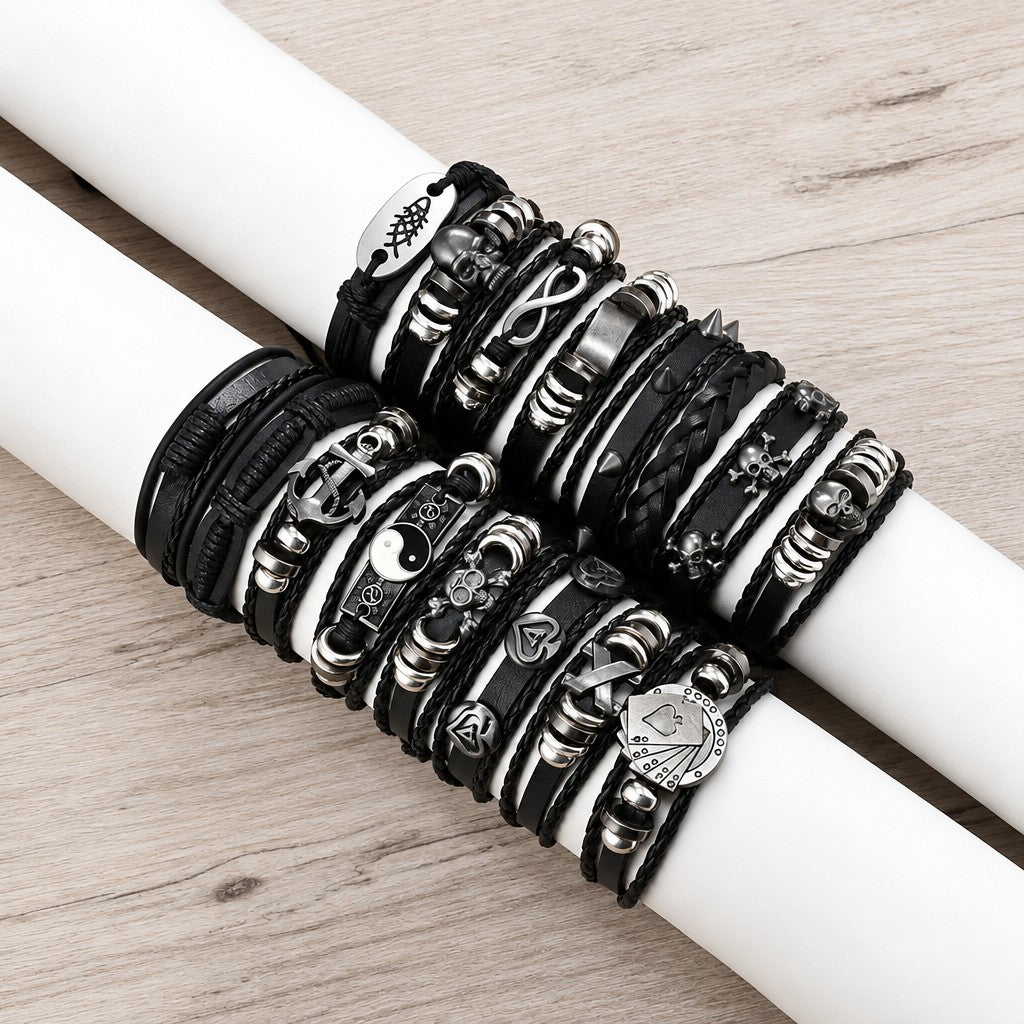 Edgy Punk Skull & Infinity Leather Bracelet Stack