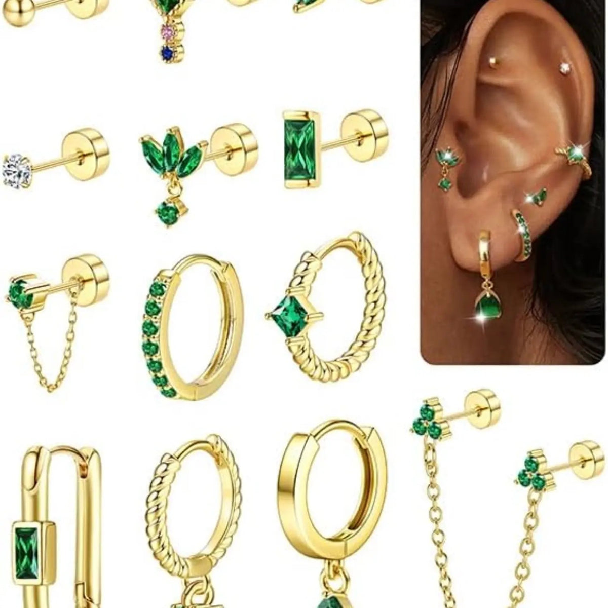 13pc Dainty Green Gem Flat Back Earring Set