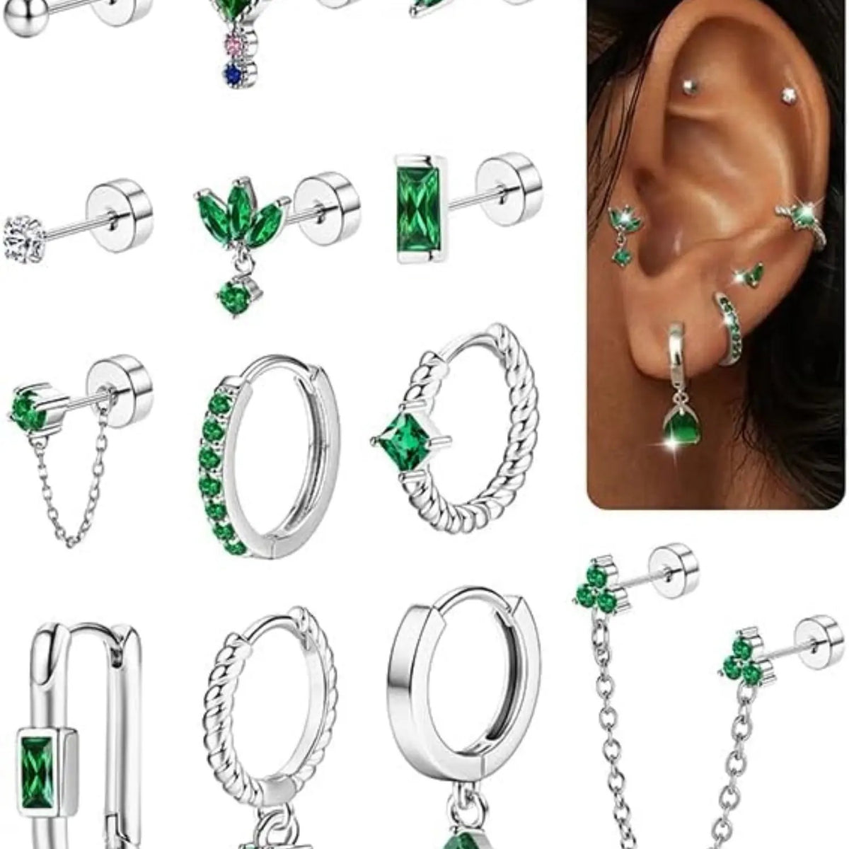 13pc Dainty Green Gem Flat Back Earring Set
