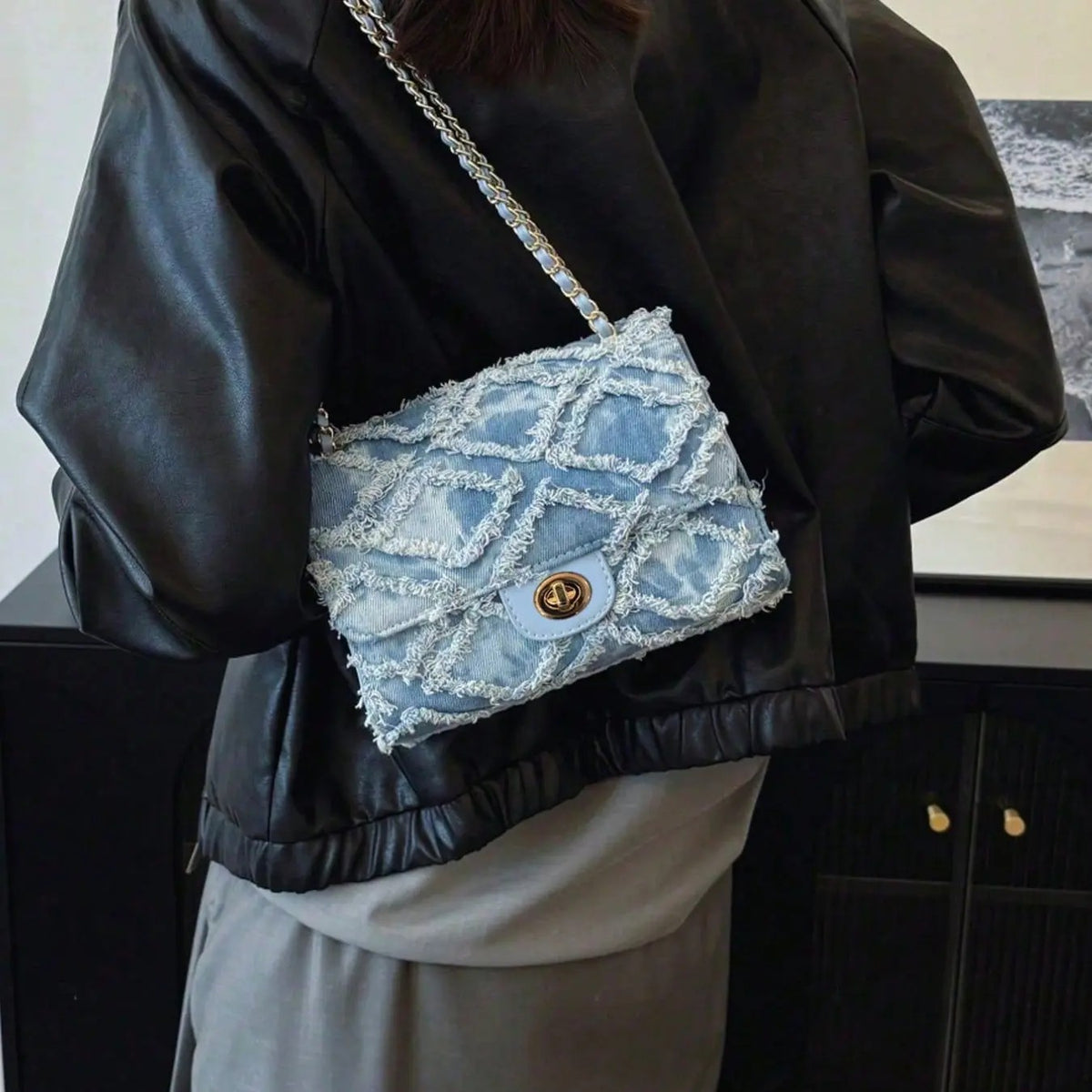 Chic Denim Chain Crossbody Bag