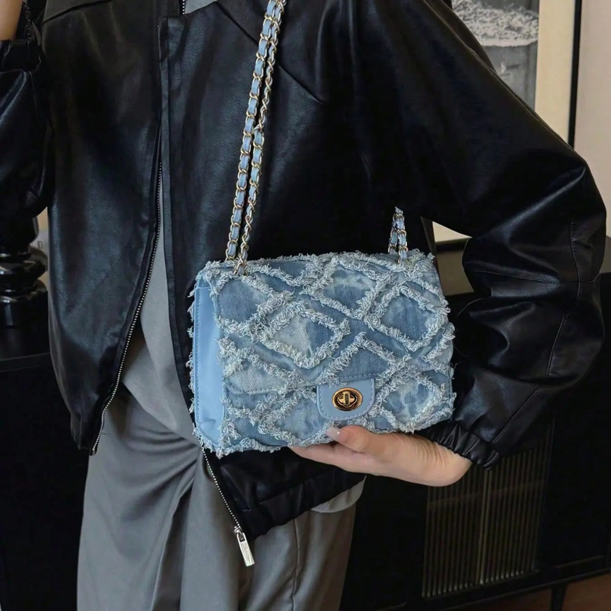 Chic Denim Chain Crossbody Bag