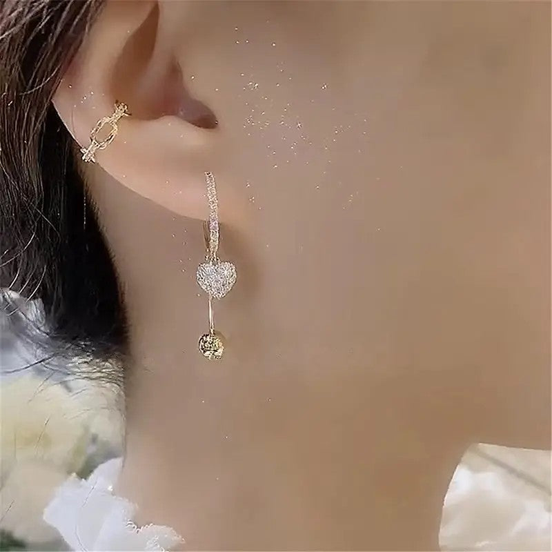 Dainty Pave Heart Drop Hoop Earrings