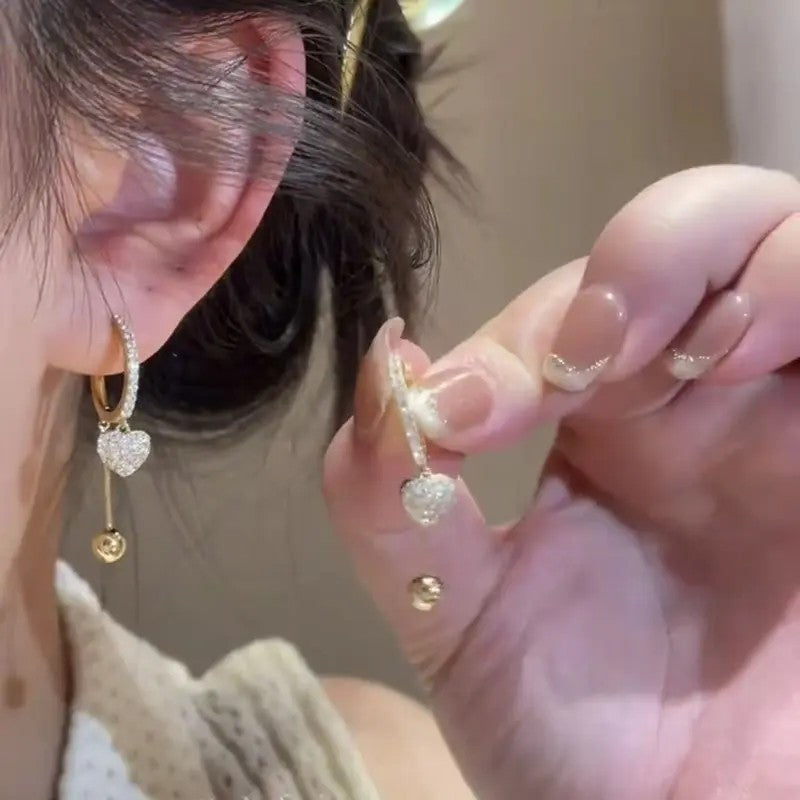Dainty Pave Heart Drop Hoop Earrings