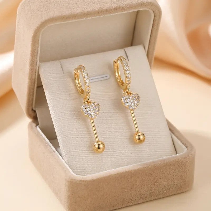 Dainty Pave Heart Drop Hoop Earrings