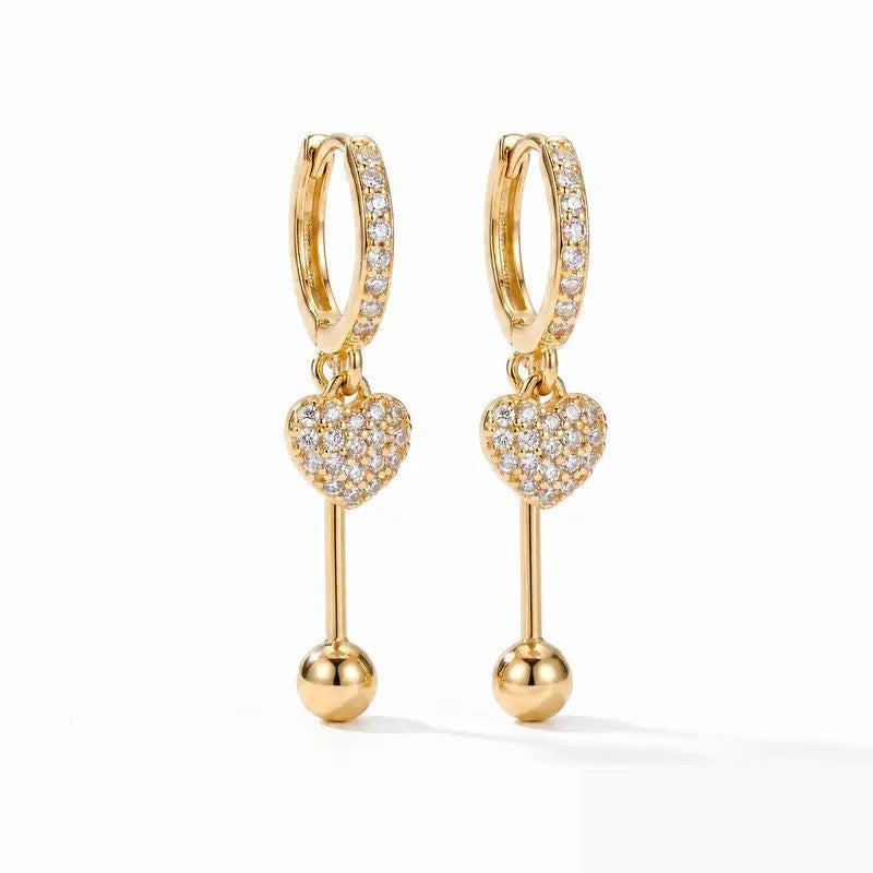 Dainty Pave Heart Drop Hoop Earrings