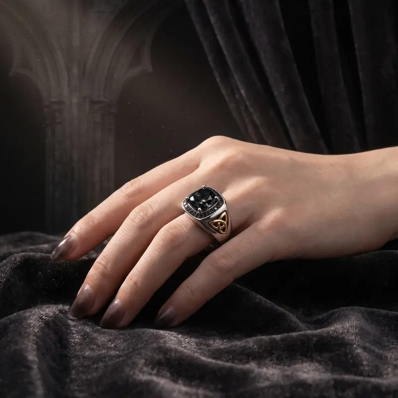 Classy Black Stone Celtic Knot Ring