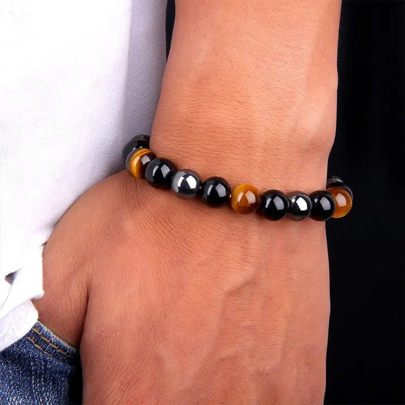 Boho Tiger Eye & Black Obsidian Stretch Bracelet