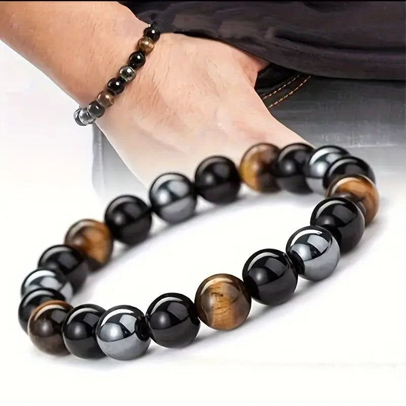 Boho Tiger Eye & Black Obsidian Stretch Bracelet