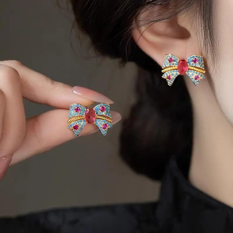 2pc Retro Blue Bow Stud Earrings