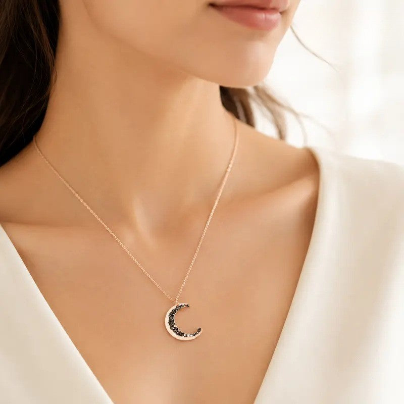 Dainty Black Crystal Crescent Moon Necklace