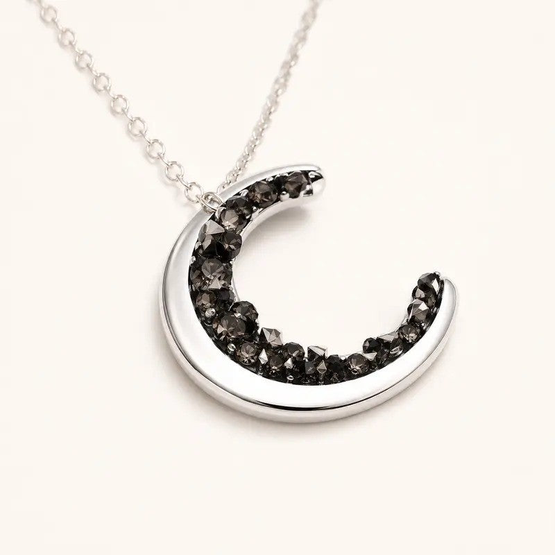 Dainty Black Crystal Crescent Moon Necklace