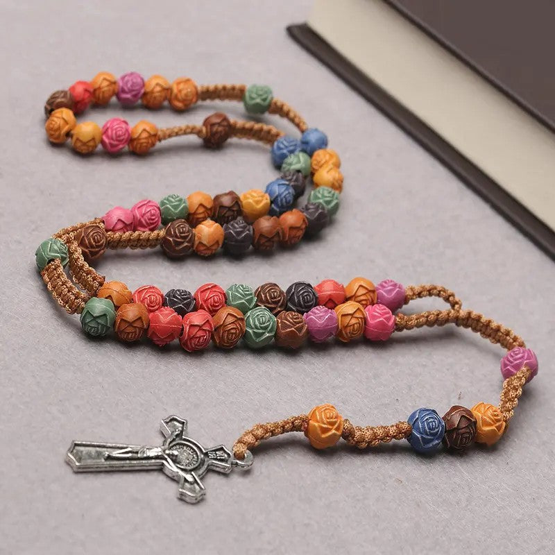 Boho Multicolor Rose Bead Rosary Necklace