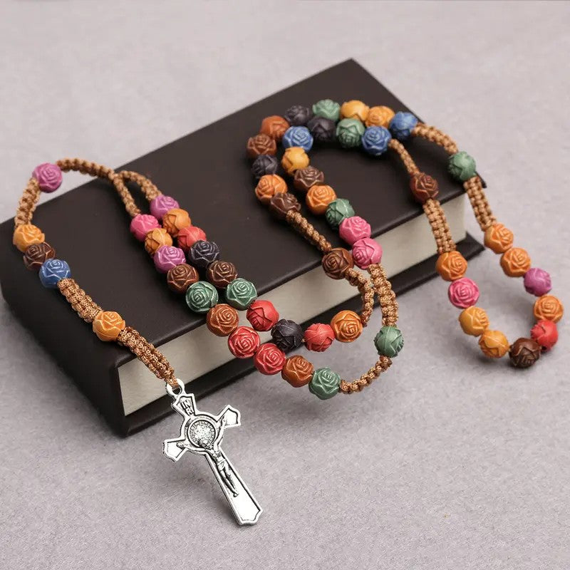 Boho Multicolor Rose Bead Rosary Necklace