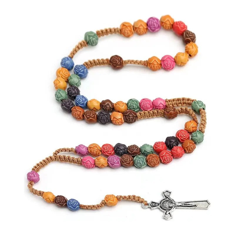 Boho Multicolor Rose Bead Rosary Necklace