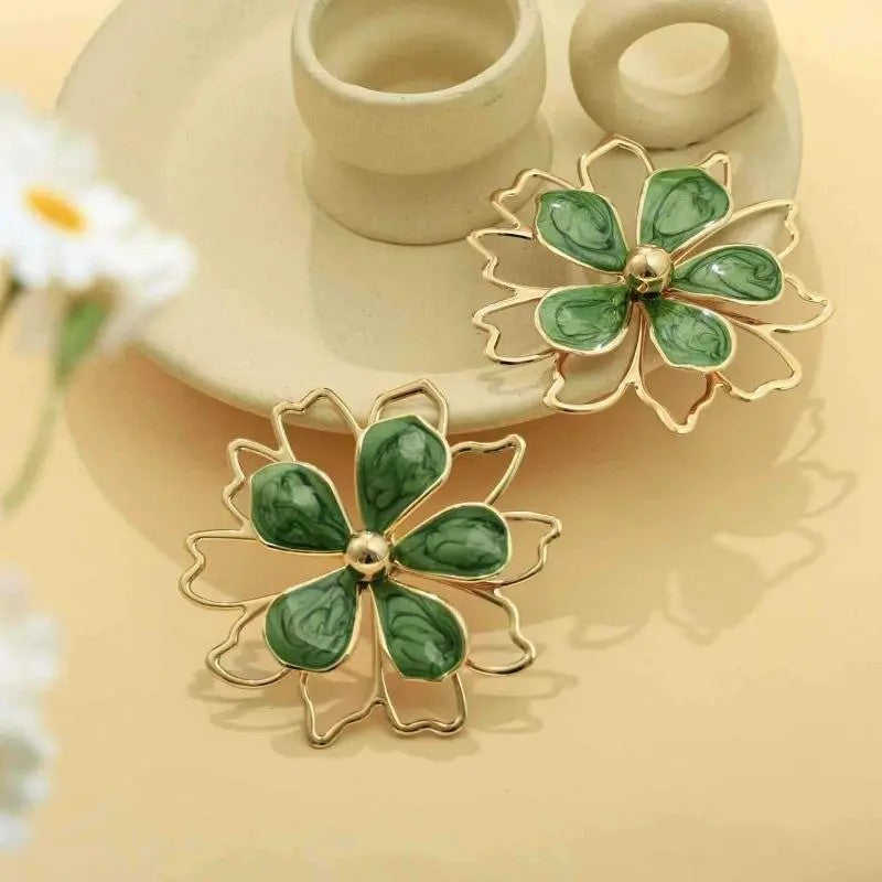 4pc Elegant Green Floral Necklace, Earring, Ring & Bracelet Set