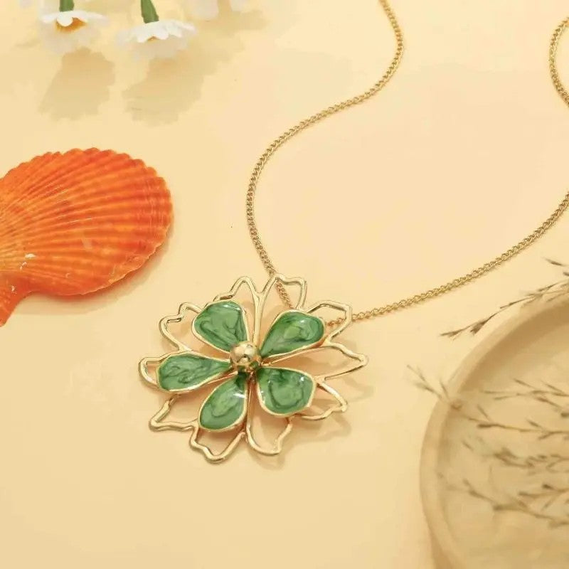 4pc Elegant Green Floral Necklace, Earring, Ring & Bracelet Set