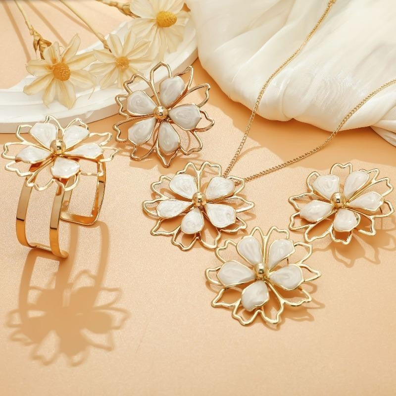 4pc Elegant Green Floral Necklace, Earring, Ring & Bracelet Set