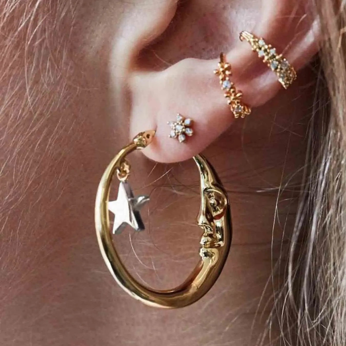 Retro Moon Face Star Hoop Earrings