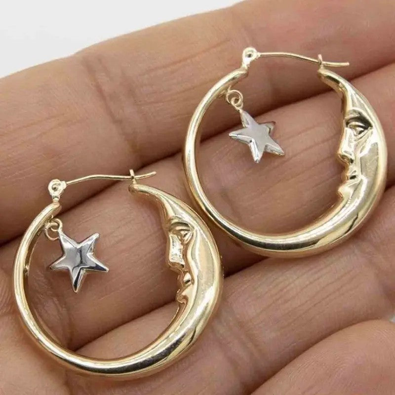 Retro Moon Face Star Hoop Earrings