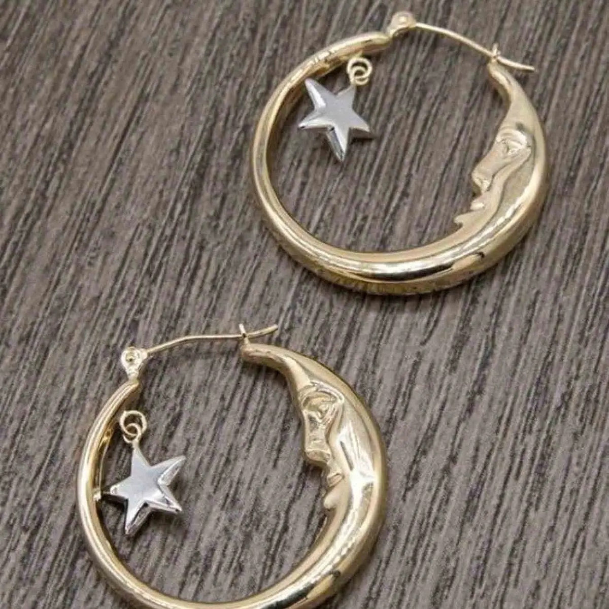 Retro Moon Face Star Hoop Earrings