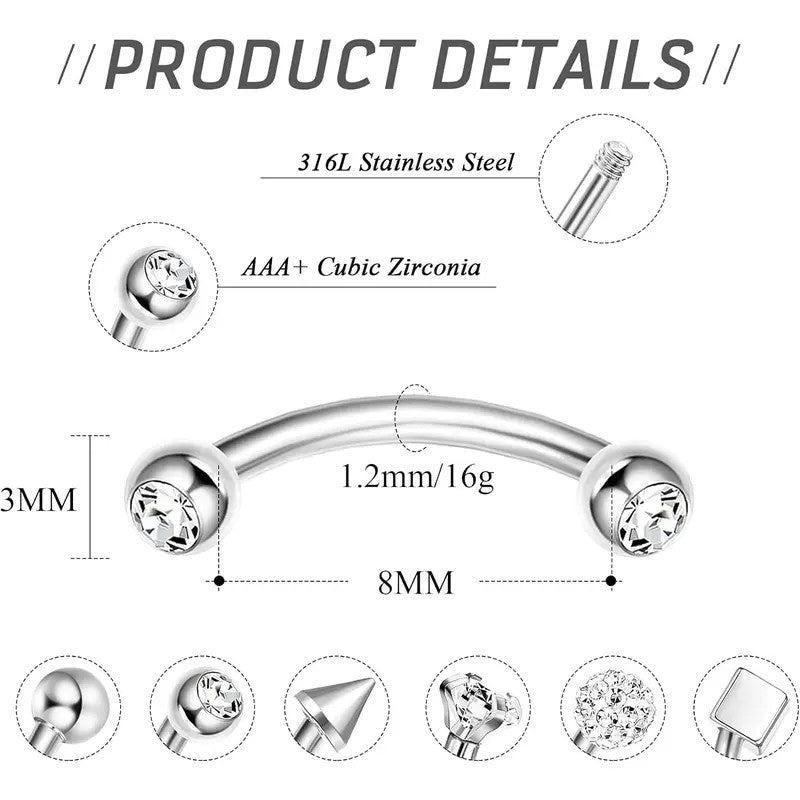 12pc Dainty CZ Curved Barbell Set