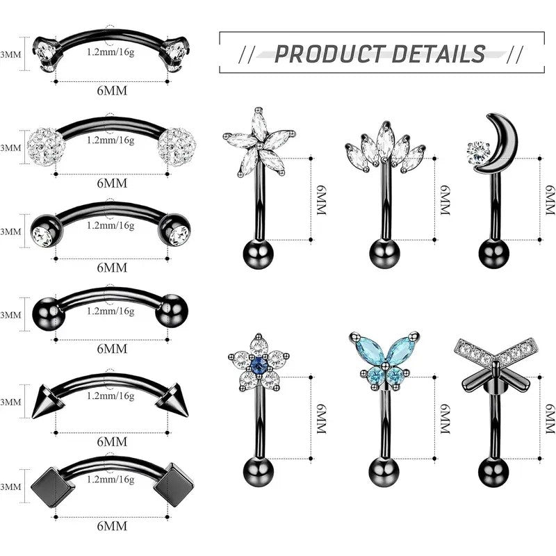 12pc Dainty CZ Curved Barbell Set