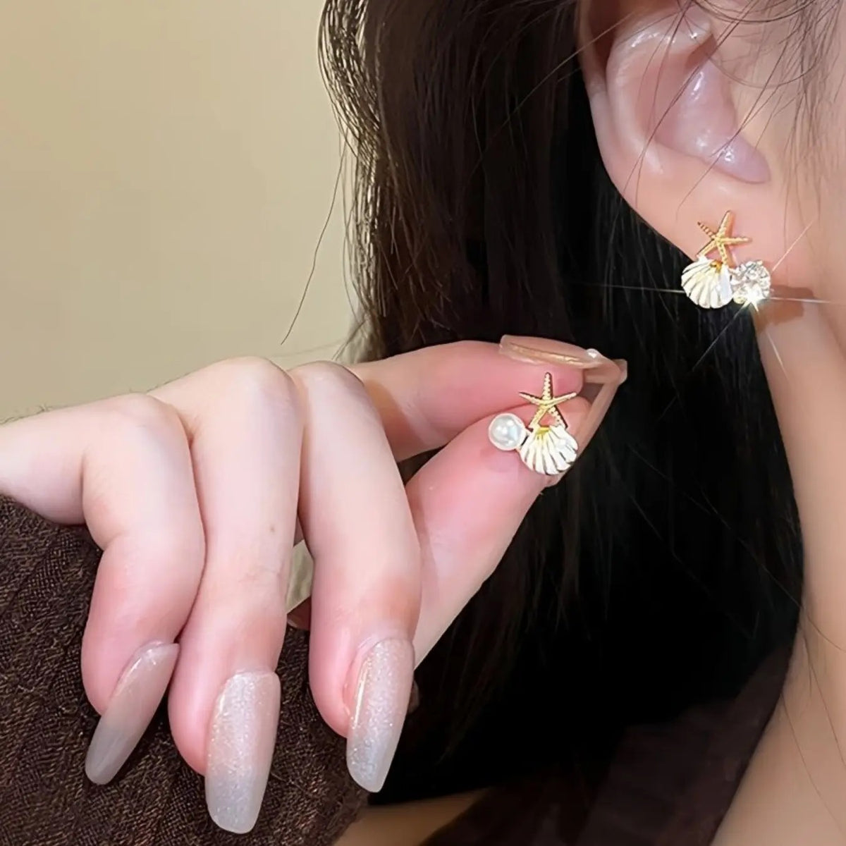 Dainty Starfish Shell Pearl Earrings