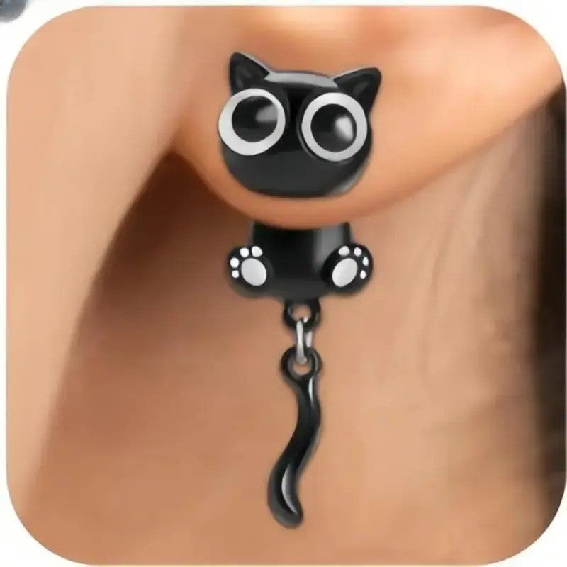 Dainty 3D Black Cat Stud Earrings