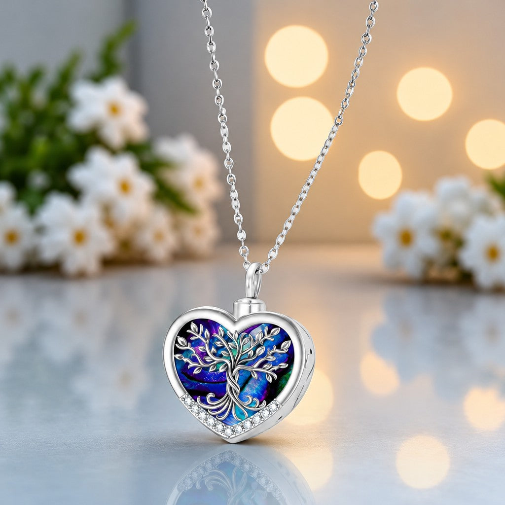 Dainty Abalone Shell Tree of Life Heart Necklace