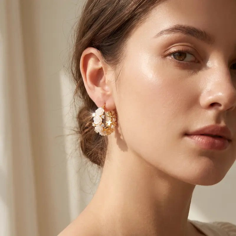 Elegant Faux Pearl Rose Clip Earrings