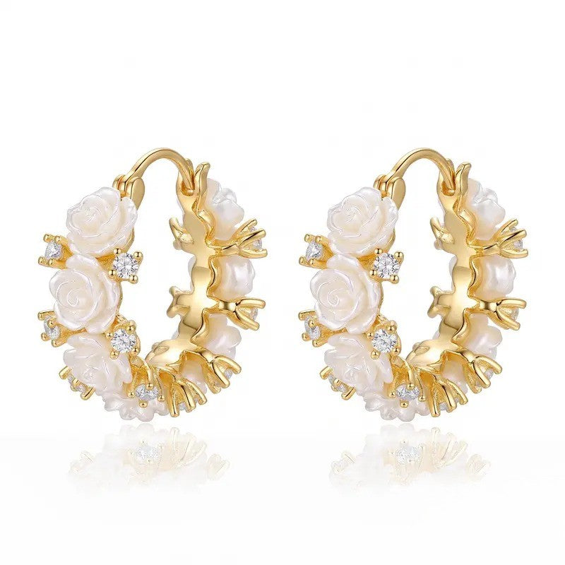 Elegant Faux Pearl Rose Clip Earrings