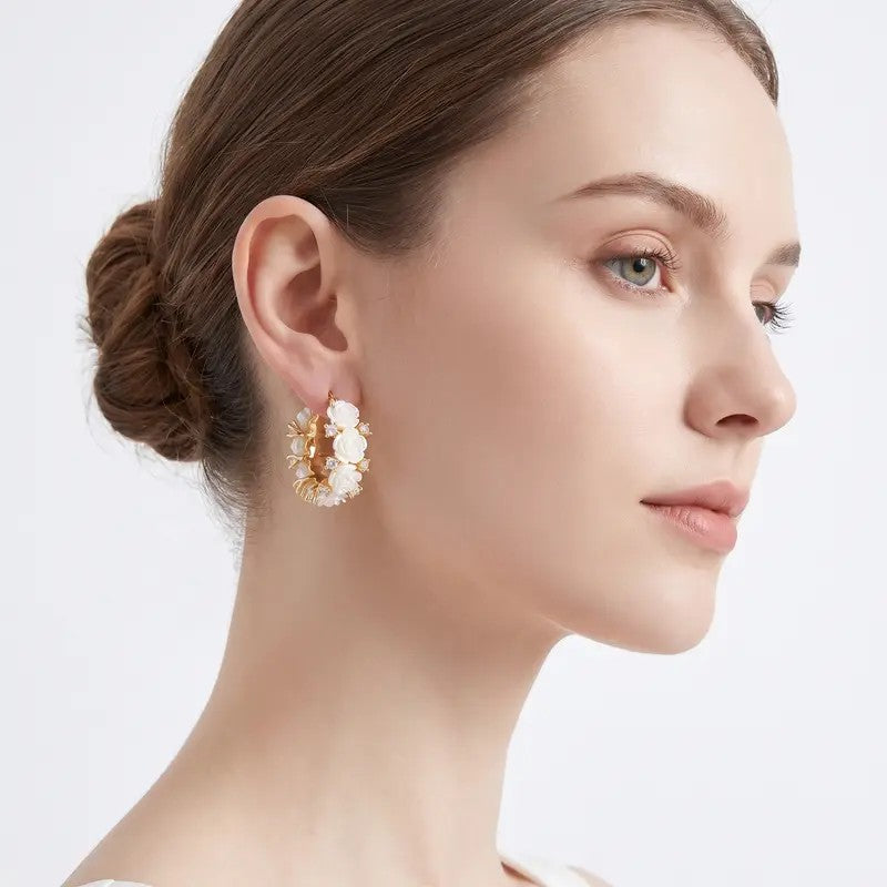 Elegant Faux Pearl Rose Clip Earrings