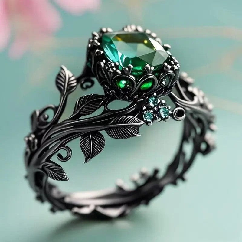 Gothic Green Crystal Vine Ring