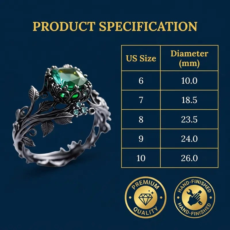 Gothic Green Crystal Vine Ring