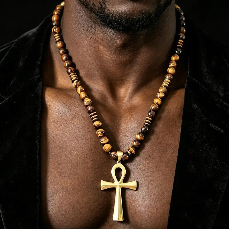 Boho Tiger Eye Ankh Pendant Necklace