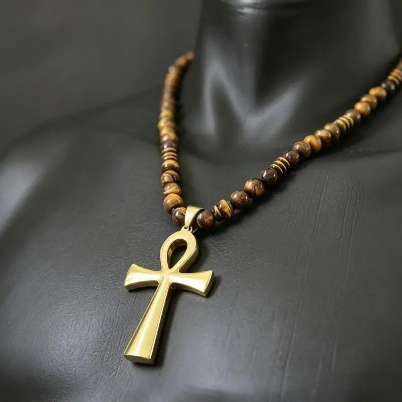 Boho Tiger Eye Ankh Pendant Necklace
