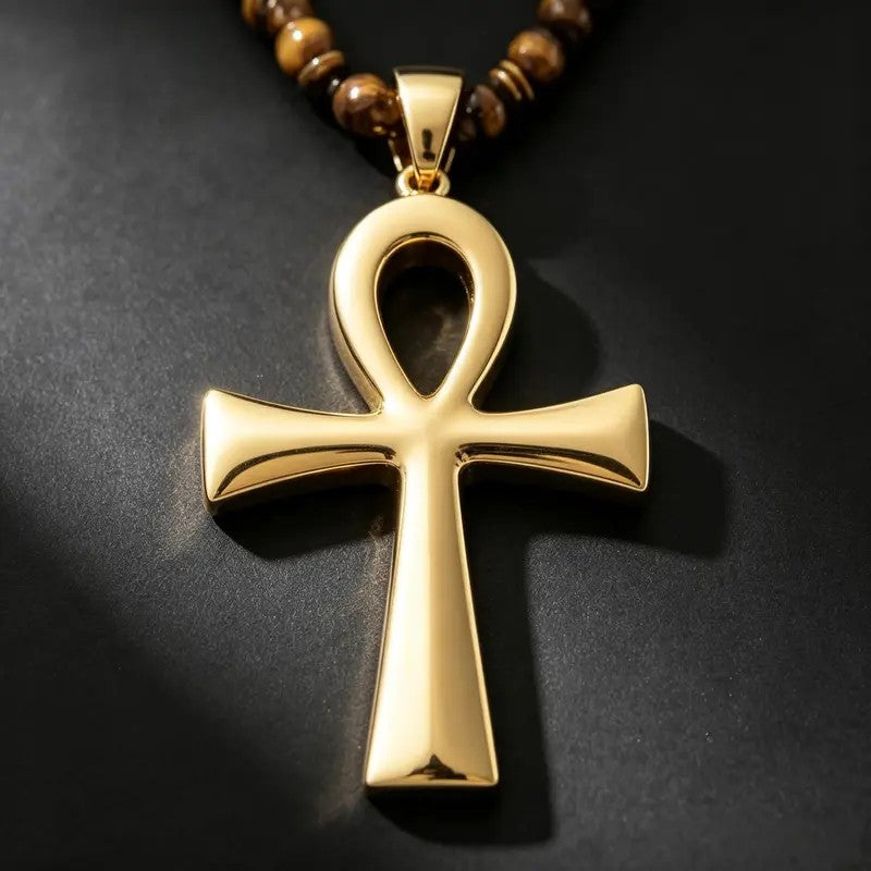 Boho Tiger Eye Ankh Pendant Necklace