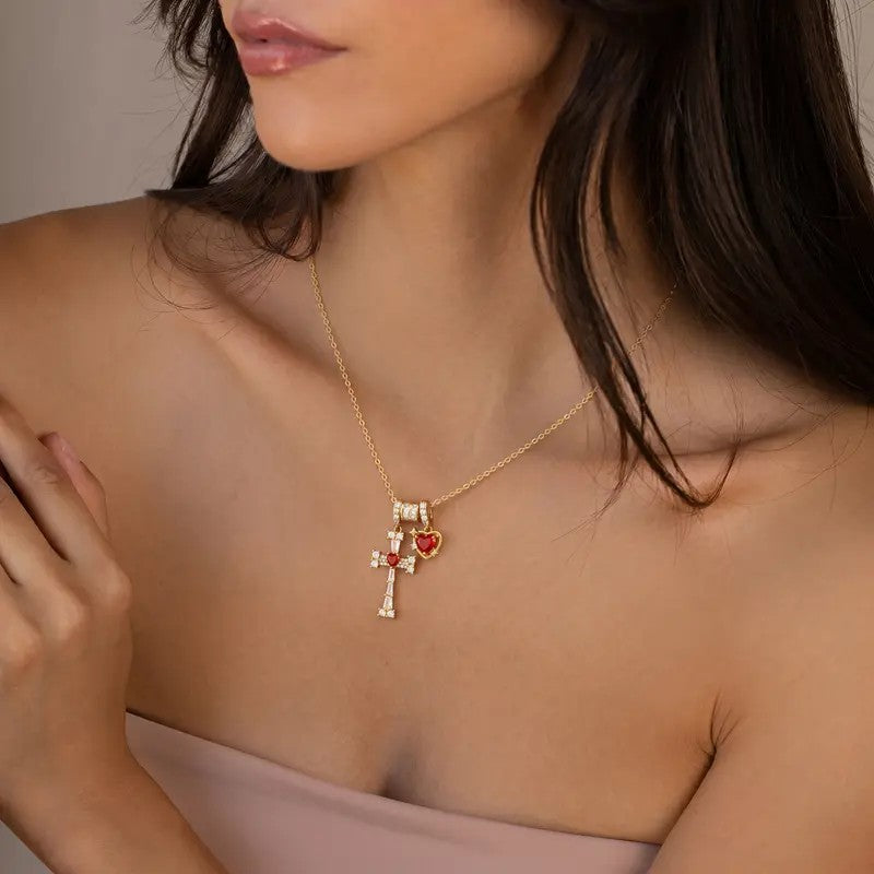 Dainty CZ Cross and Heart Box Chain Necklace