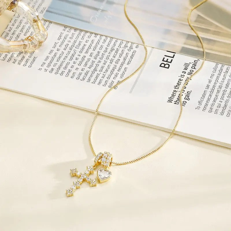 Dainty CZ Cross and Heart Box Chain Necklace