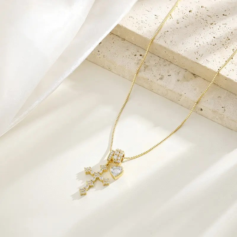 Dainty CZ Cross and Heart Box Chain Necklace