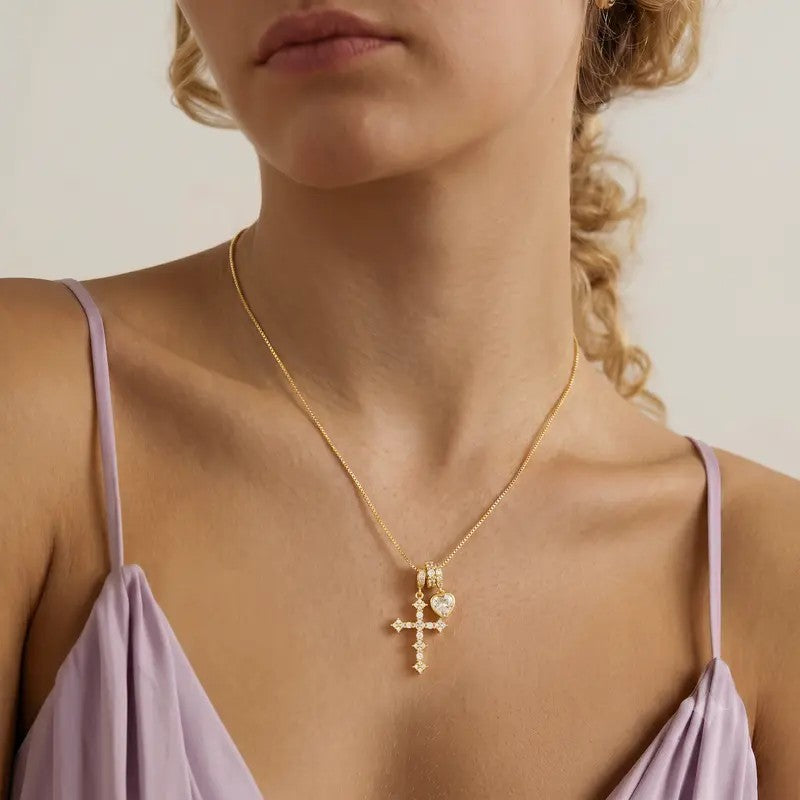 Dainty CZ Cross and Heart Box Chain Necklace